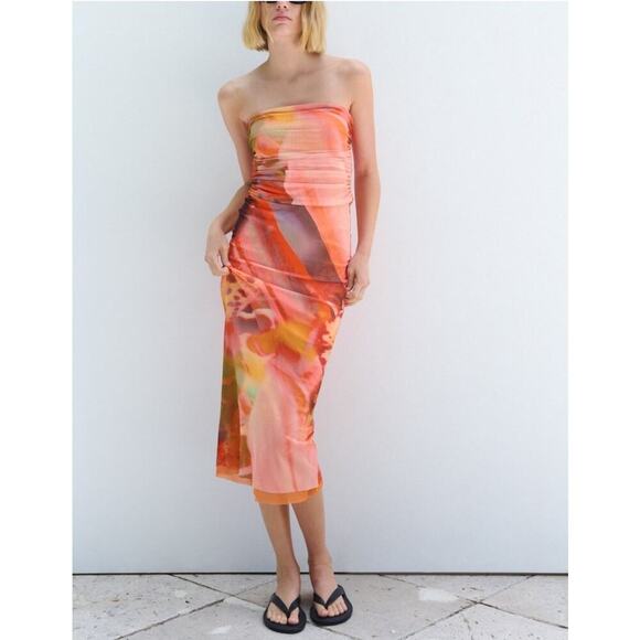 NWT Zara Strapless Printed Tulle Dress Size Medium - Picture 1 of 13